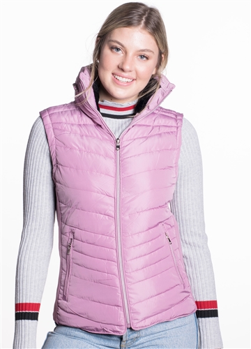 Ladies High Collar Quilted Vest with Faux Fur Inner Collar and Body Lining and Stretchable Side Gathering