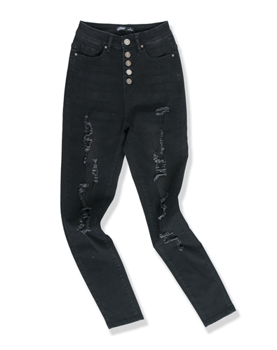 Ladies High Waist Stretchable Ripped Skinny Jeans with Button Fly