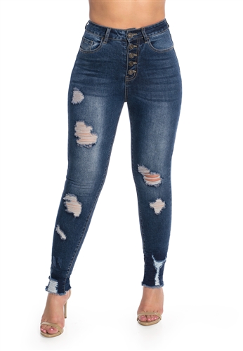 Ladies High Waist Stretchable Ripped Skinny Jeans with Button Fly