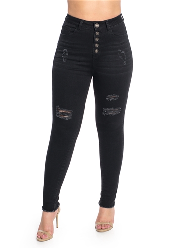 Ladies High Waist Stretchable Ripped Skinny Jeans with Button Fly