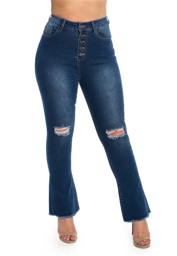 Ladies High Waist Stretchable Cropped Flare Jeans with Button Fly