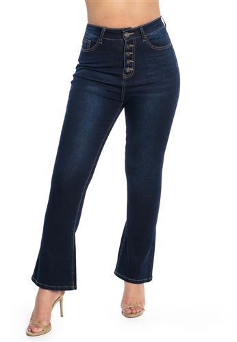 Ladies High Waist Stretchable Cropped Flare Jeans with Button Fly