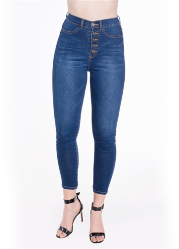 Ladies Ripped Stretchable Super Skinny Button Fly Jeans with Mock Front Pockets