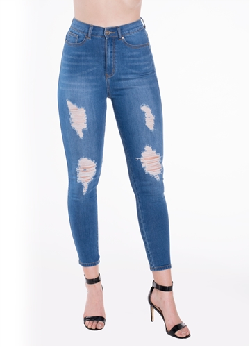 Ladies Ripped Stretchable Super Skinny Button Fly Jeans with Mock Front Pockets