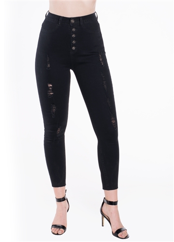 Black-Ladies Ripped Stretchable Super Skinny Jeans with Mock Front Pockets