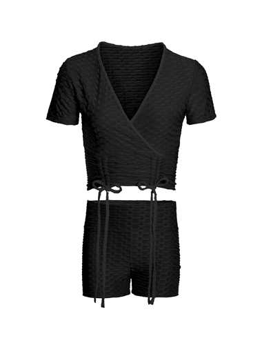 Women's Honey Comb Faux Wrap Crop Top and Ruched Shorts Set