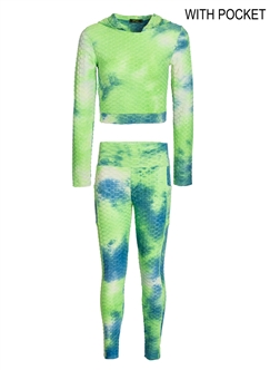 Women's Tie-Dye Honey Comb Hoodie and Ruched Leggings Set with Side Pockets