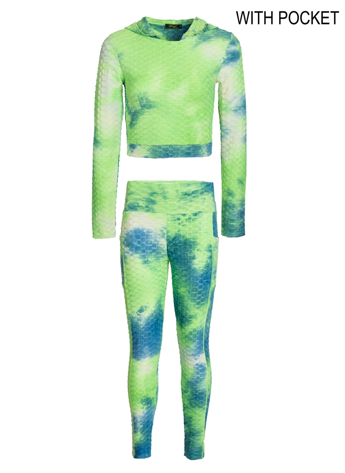 Women's Tie-Dye Honey Comb Hoodie and Ruched Leggings Set with Side Pockets