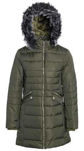 Women's Mid Length Puffer Jacket with Detachable Faux Fur Hood