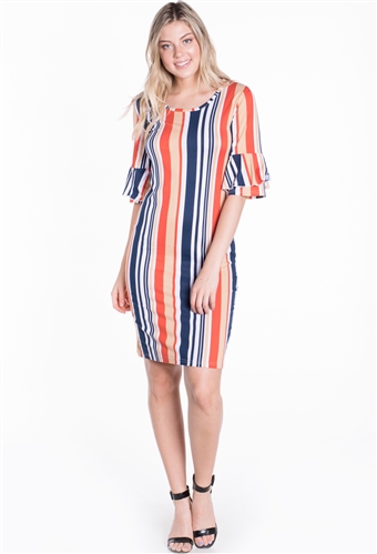Women's Striped Bodycon Dress with Ruffled Quarter Sleeves
