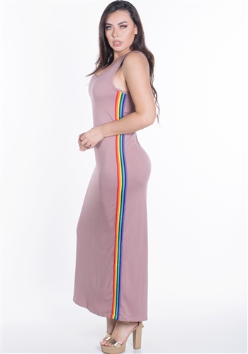 Women's Sleeveless Maxi Dress with Contrasting Rainbow Side Stripes