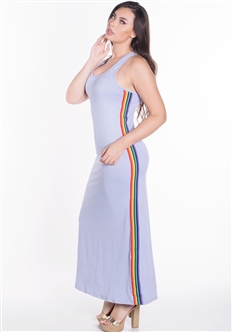 Women's Sleeveless Maxi Dress with Contrasting Rainbow Side Stripes