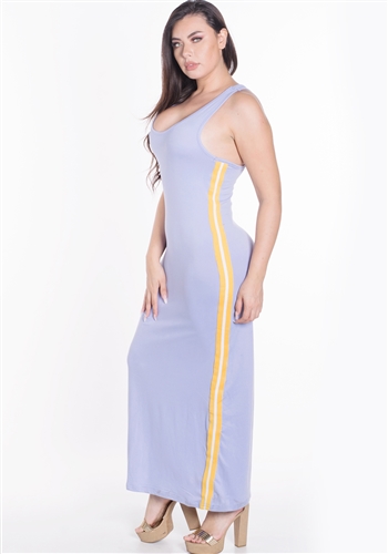 Women's Plus Size Sleeveless Maxi Dress with Contrasting Yellow Side Stripes/