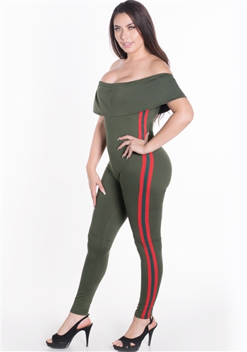 Women's Elasticized Off Shoulder Jumpsuit with Side Stripes