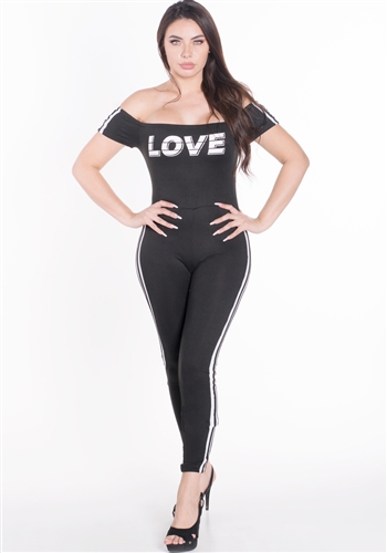 Women's Off the Shoulder Bodycon Jumpsuit with "LOVE" Print