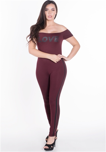 Women's Off the Shoulder Bodycon Jumpsuit with "LOVE" Print