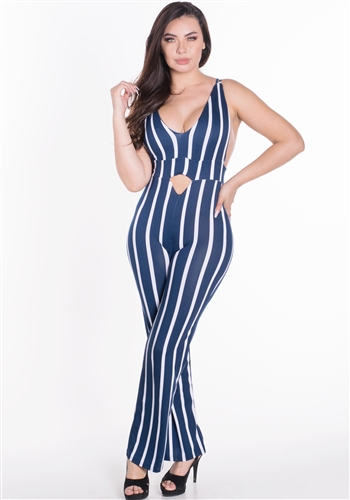 Women's Striped Strappy Back Sleeveless Jumpsuit with Cutout