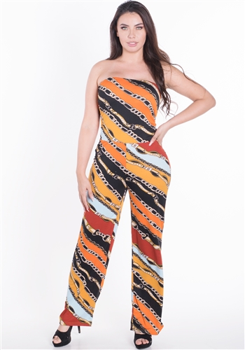 Women's Printed Strapless Jumpsuit with Wide Leg Pants