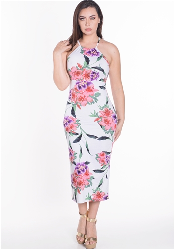 Women's Floral Midi Dress with Halter Neckline
