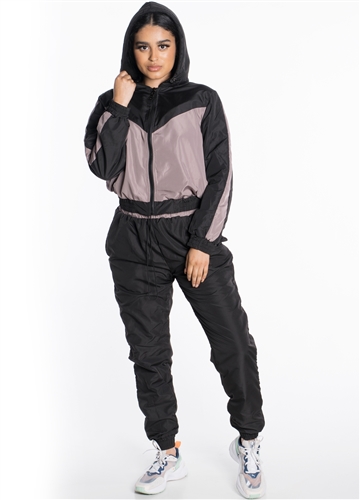 Women's Windbreaker Hooded Cropped Jacket with Pants Tracksuit Set with Brushed Fleece Lining