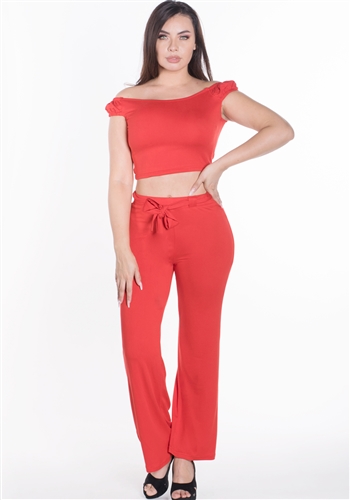 Women's 2-Piece Off the Shoulder Crop Top and Flare Pants Set
