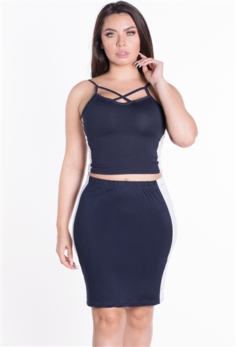 Women's 2-Piece Strappy Crop Top and Skirt Set with Side Stripes