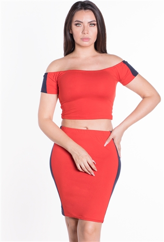 Women's Off Shoulder 2-Piece Crop Top and Skirt Set with Side Stripes