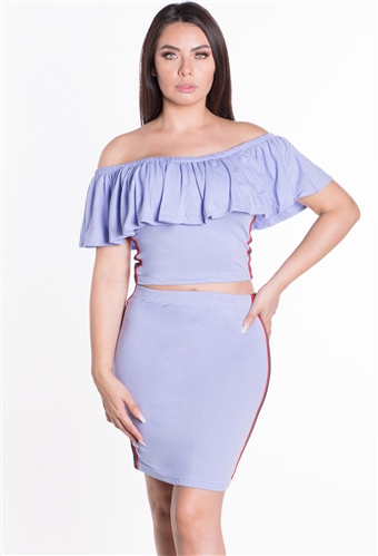 Women's 2-Piece Off Shoulder Flounce Layer Crop Top and Skirt Set with Side Stripes/