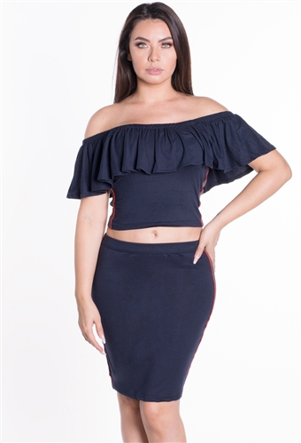 Women's 2-Piece Off Shoulder Flounce Layer Crop Top and Skirt Set with Side Stripes/