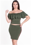 Women's 2-Piece Off Shoulder Flounce Layer Crop Top and Skirt Set with Side Stripes/