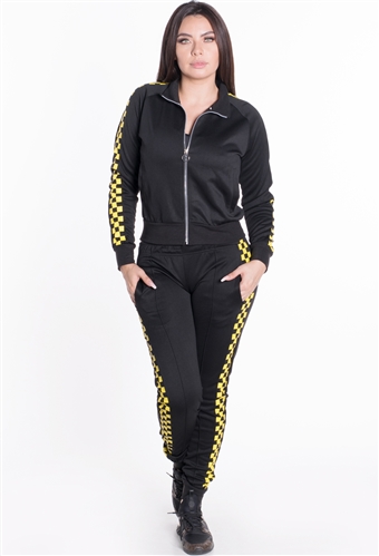 Women's Jacket and Joggers Tricot Tracksuit Set with Checkered Sides