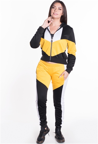 Women's Hooded Jacket and Joggers Tricot Tracksuit Set with Color Blocking