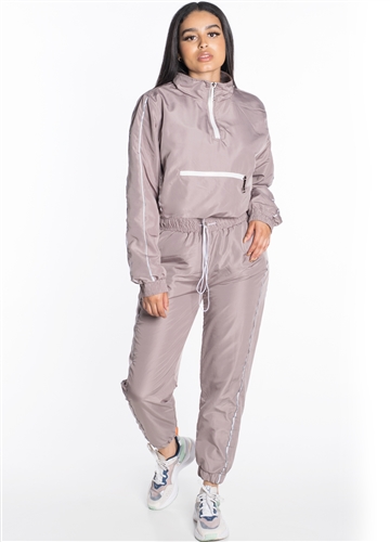 Women's Windbreaker Cropped Half-Zip Jacket with Pants Tracksuit Set with Reflectorized Side Stripes and Brushed Fleece Lining