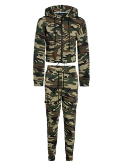 Women's Camo Crop Jacket with Hood and Cargo Joggers Set