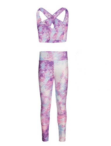 Women's Tie-dye Strappy Cut Out Honeycomb Crop Tank and Ruched Leggings Set