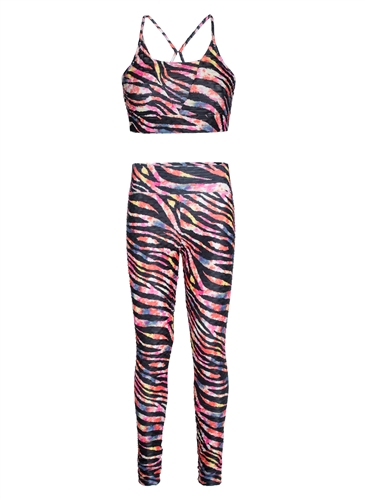 Women's Multi Color Zebra Print Strappy Cut Out Honeycomb Crop Tank and Ruched Leggings Set/