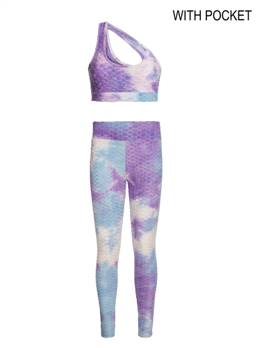 Women's Tie-Dye Print One Shoulder Cut Out Honeycomb Crop Tank and Leggings WITH POCKET Set