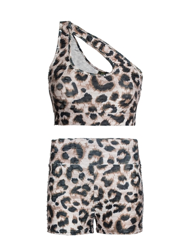 Women's Leopard Print One Shoulder Cut Out Honeycomb Crop Tank and Shorts Set
