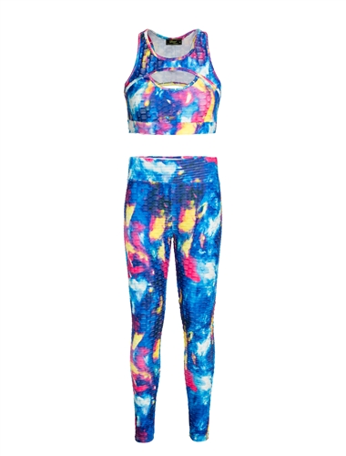 Women's Blue Multi Color Print Strappy Cut Out Honeycomb Crop Tank and Ruched Leggings Set