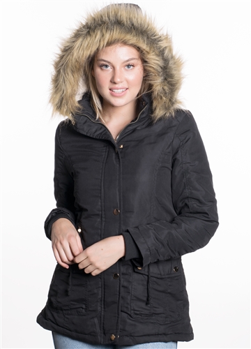 Ladies Peach Skin Parka w/ Faux Fur Lining and Detachable Hood and Waistband Draw String