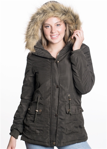 Ladies Peach Skin Parka w/ Faux Fur Lining and Detachable Hood and Waistband Draw String