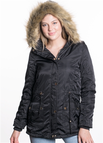 Ladies Nylon Twill Parka w/ Faux Fur Lining and Detachable Hood and Waistband Draw String