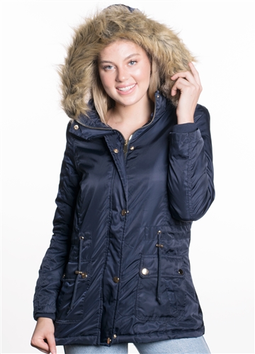 Ladies Nylon Twill Parka w/ Faux Fur Lining and Detachable Hood and Waistband Draw String