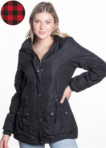 Ladies Peach Skin Parka w/ Faux Fur Lining and Detachable Hood and Waistband Draw String
