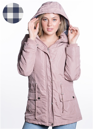 Ladies Peach Skin Parka w/ Faux Fur Lining and Detachable Hood and Waistband Draw String