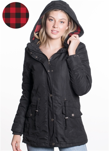 Ladies Plus Size Peach Skin Parka w/ Buffalo Plaid Flannel Lining and Detachable Hood and Waistband Draw String