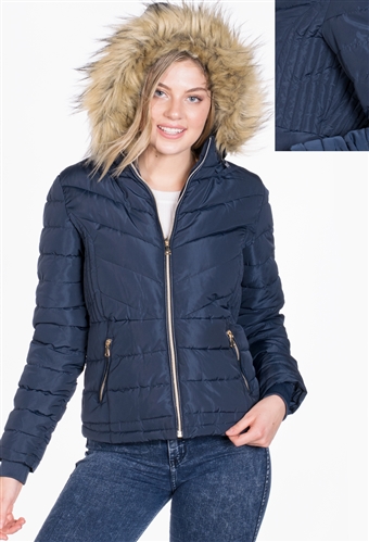 Women's Puffer Jacket with Detachable Hood and Vegan Leather Piping