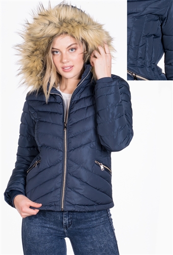 Women's Puffer Jacket with Detachable Hood and Vegan Leather Piping