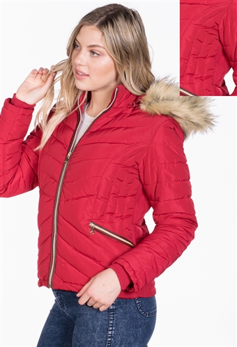 Women's Puffer Jacket with Detachable Hood and Vegan Leather Piping