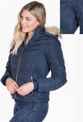 Women's Puffer Jacket with Detachable Hood and Vegan Leather Piping